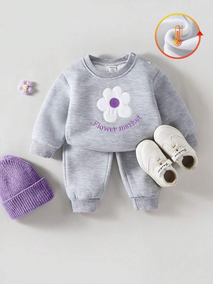 SHEIN Baby Girls 2024 New Collection Crew Neck Sweatshirt With Embroidered Flower & Letter Design, Autumn/Winter Casual 2pcs Set