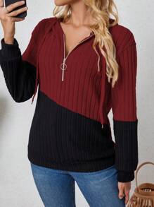 SHEIN Sudadera casual de punto acanalado de dos tonos con cremallera y cordón, para primavera y otoño, graduación, maestras, vuelta al colegio, para mujer, otoño e invierno - Rojo - Ver 5