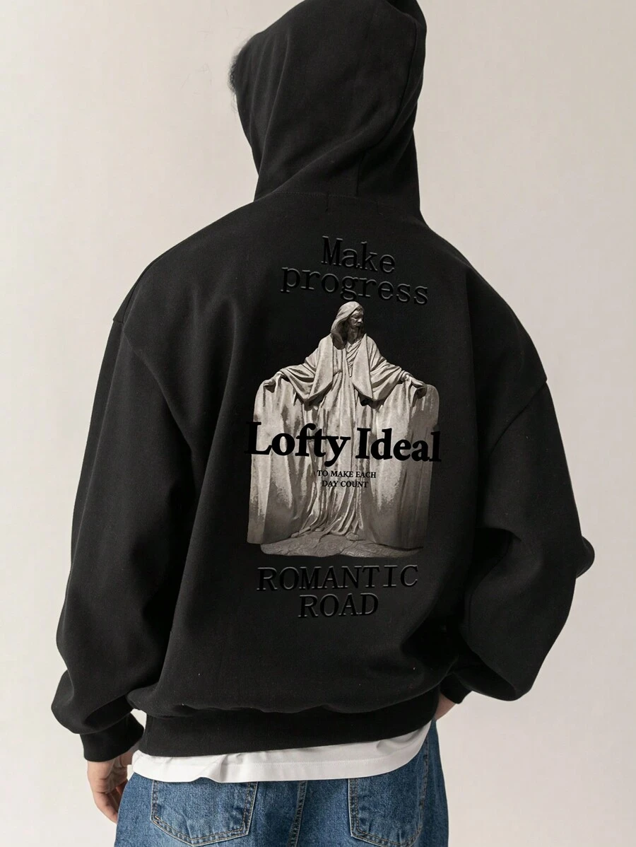 DAZY 男式黑色字母图案印花连帽运动衫，秋季 - 黑色 - 查看 1