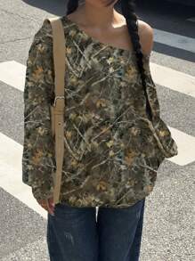 SHEIN EZwear 女士露肩宽松枝叶印花轻质长袖运动衫，适合秋季 - 白色 - 查看 5