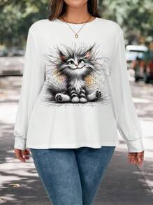 EMERY ROSE Plus Size Women Casual Cartoon Cat Allover Print Loose Fit Crew Neck Long Sleeve T-Shirt