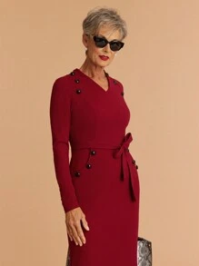 SHEIN LUNE Women Casual Solid Color Button Decor Long Sleeve Pocket Bodycon Mini Dress - Burgundy - View 6