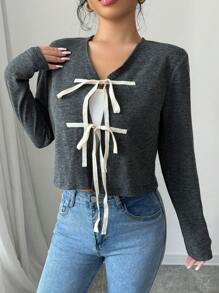 SHEIN Unity Chaqueta corta de colores bloqueados con cordón en el bajo, Otoño - Gris - Ver 4