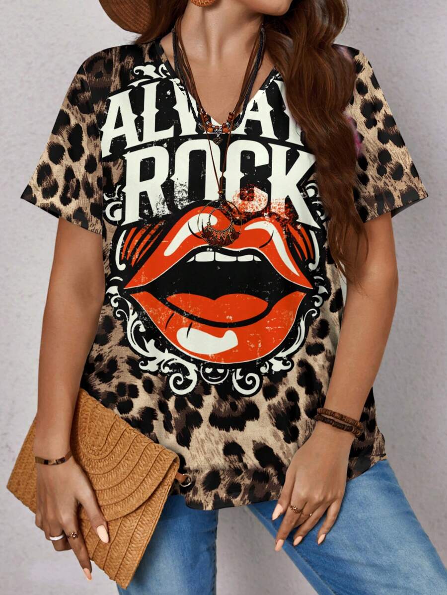 EMERY ROSE Women's Rock Leopard Lips Print Short Sleeve V-Neck T-Shirt Plus Size, Always Rock Graphic, Suitable For Summer - White - View 1