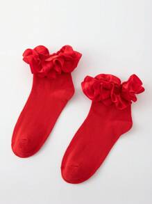 ROMWE Kawaii Ladies Red Ruffle Elegant Mid-Calf Socks, Suitable For Daily Wear - Red - View 2