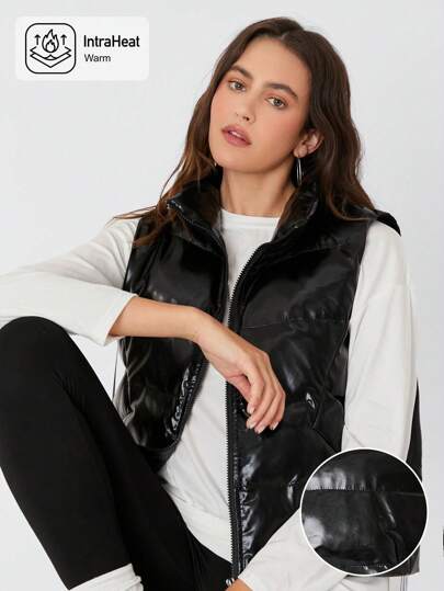 SHEIN EZwear Chaleco tipo plumón con cierre de cremallera, revestimiento sólido brillante de PU negro para otoño