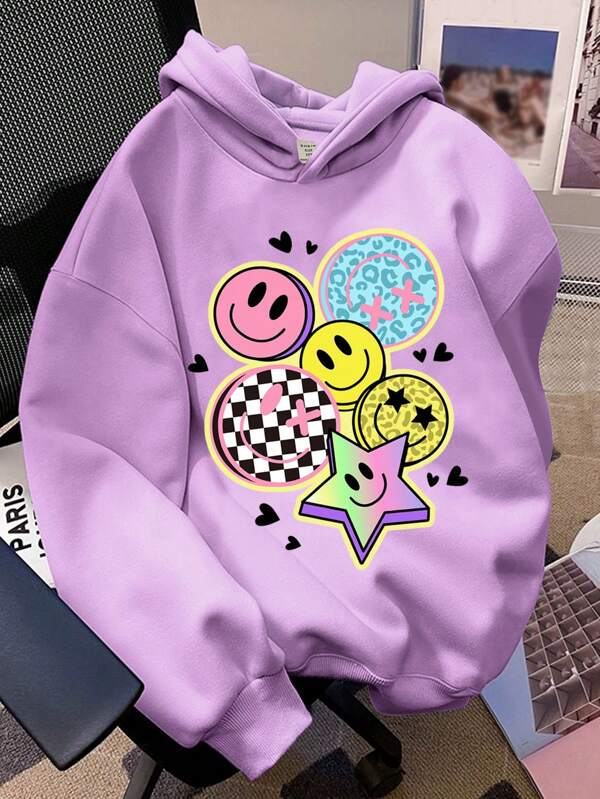 SHEIN Mädchen Lässig Loose Cartoon Lächeln Grafik Dicke Hoodie Sweatshirt, geeignet für Herbst/Winter