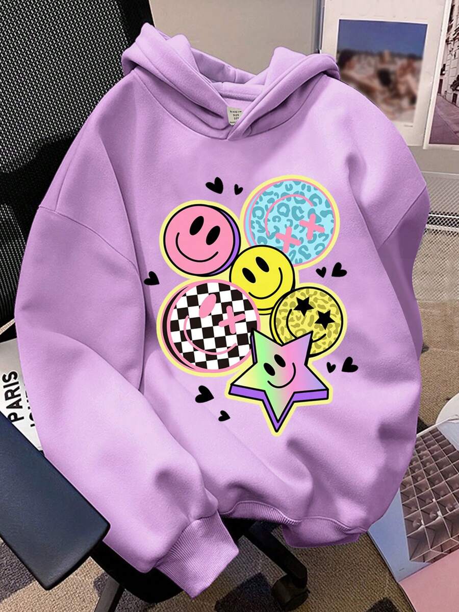 SHEIN Leap Crew Sudadera con capucha de manga larga, estilo casual y holgado, con estampado de cara de dibujos animados, adecuada para otoño/invierno, para niñas preadolescentes - Púrpura malva - Ver 1