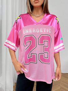 SHEIN PETITE Nouveau t-shirt rose ample et décontracté pour femmes, col en V, style sport avec lettrage et patchwork imprimé - Rose bonbon - Voir 2