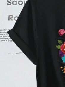Camiseta de manga corta con estampado de calavera y flores para adolescentes en Halloween - Negro - Ver 5