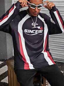 Manfinity Dauomo Men's Round Neck Long Sleeve Solid Color Patchwork Letter Print Casual T-Shirt