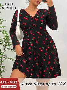SHEIN CURVE+ Plus Size Women's Summer Garden Party Casual Cherry Blossom Print V-Neck Short Sleeve Dress With Loose A-Line Silhouette And Ruffle Hem