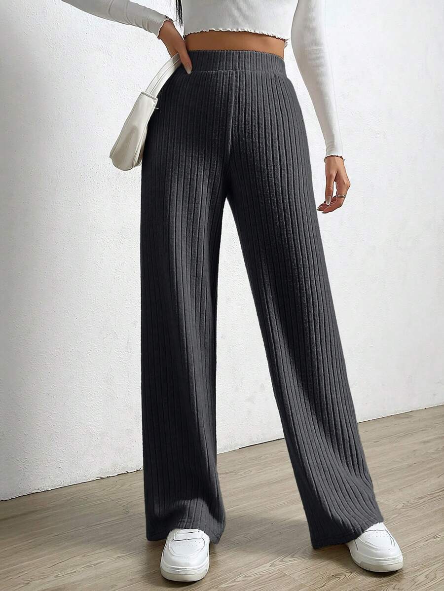 SHEIN EZwear Quần ống đứng lưng cao màu trơn đơn giản cho nữ - Màu xám đen - Xem 1