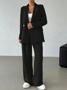 SHEIN EZwear 2 件套休闲秋季办公室西装外套和裤子套装 - 黑色 - 查看 5