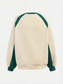 SHEIN Sudadera holgada de vestir casual con forro térmico, estampado de logo universitario en color crema y verde oliva para adolescentes - Beis - Ver 6