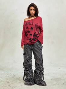 ROMWE Grunge Punk 不对称领口 T 恤，带图形轮廓印花 - 酒紅色 - 查看 3