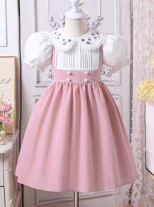 年轻女孩优雅公主学院风格撞色边刺绣彼得潘领泡泡袖二合一方领高低连衣裙，适合夏季、学校、返校、派对、表演、家庭聚会、度假、夏季、旅行 - 彩色 - 查看 7