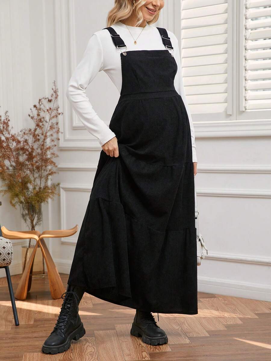 SHEIN Đầm dài bà bầu màu trơn đơn giản có dây đeo, Thu/Đông - màu đen - Xem 1