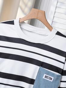 2 件套青少年男孩时尚条纹印花圆领运动衫和直筒牛仔裤套装，秋冬 - 彩色 - 查看 4