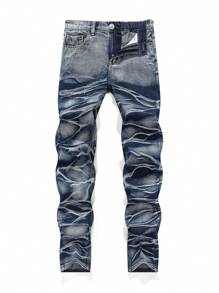 SHEIN Tween Boys Wave Pattern Blue Denim Straight-Leg Jeans - Blue - View 1