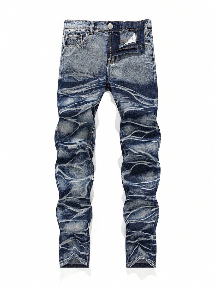 SHEIN Tween Boys Wave Pattern Blue Denim Straight-Leg Jeans - Blue - View 1