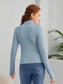 Áo thun tay dài cổ cao ôm sát đơn giản cho bé gái tuổi teen - Màu xanh bụi bặm - Xem 2