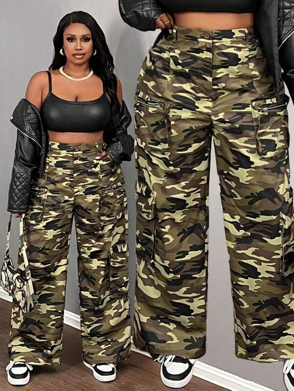Slaydiva Pantalones cargo de camuflaje talla grande para mujer