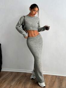 Flirla 2pcs/Set Casual Solid Color Cropped Sweater & Mini Skirt, Suitable For Autumn & Winter