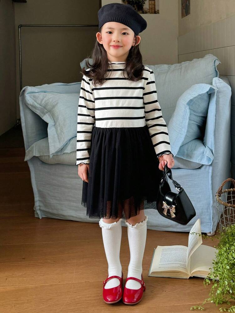 Young Girls Striped Mesh Contrast Dress, Fall Season Young Girl Clothing