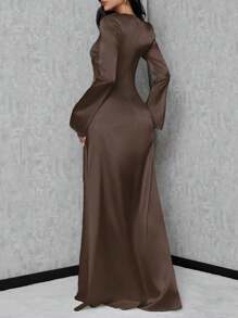 SHEIN Tall Women's Trumpet Sleeve Mermaid Dress - Brown - View 2