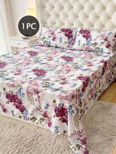 1 pieza de Sábana plana con estampado de plantas, liviana y transpirable, suave y amigable con la piel