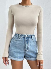Cottnline Solid Round Neck Form Fitted Tee - Grey - View 3