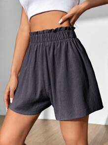 Flirla 女士简约休闲纯色纸袋腰短裤 - 深灰色 - 查看 5