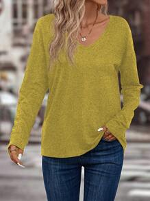 SHEIN LUNE 女式 V 领宽松蝙蝠袖长袖 T 恤，休闲日常穿着，秋季 - 黃色 - 查看 3