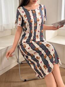 Dream Adore Cute Bear Striped Print Short Sleeve T-Shirt Nightgown Babydoll For Women Holidayseason