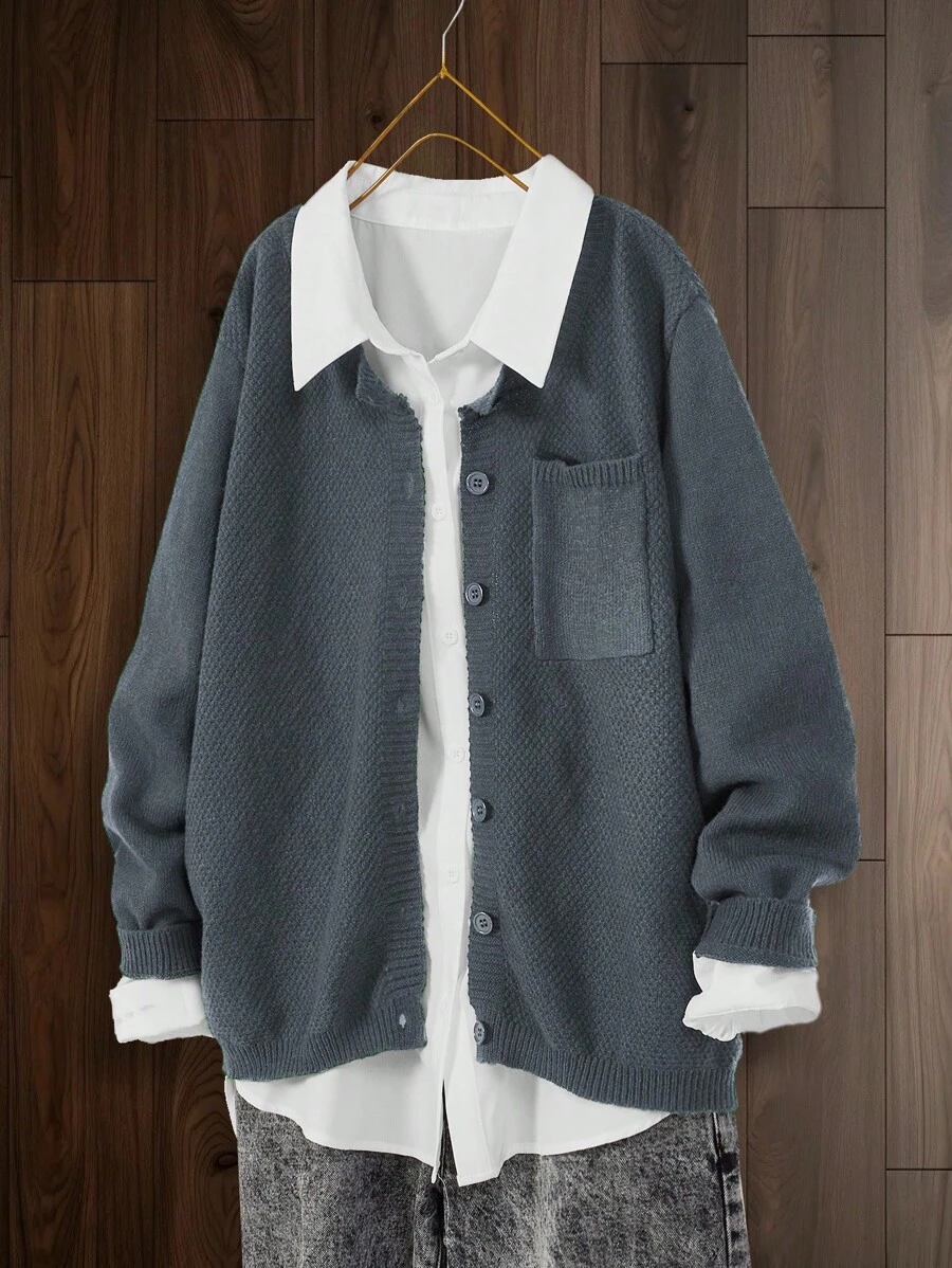 Plus Size Long Sleeve Casual Button With Pocket Cardigan, For Winter Fall Cloth For Women - Dark Grey - View 1