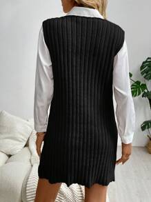 SHEIN LUNE Damen lässiges einfarbiges ärmelloses Pulloverkleid mit V-Ausschnitt und Tasche aus Strickstoff für Herbst/Winter - Schwarz - Übersicht 2