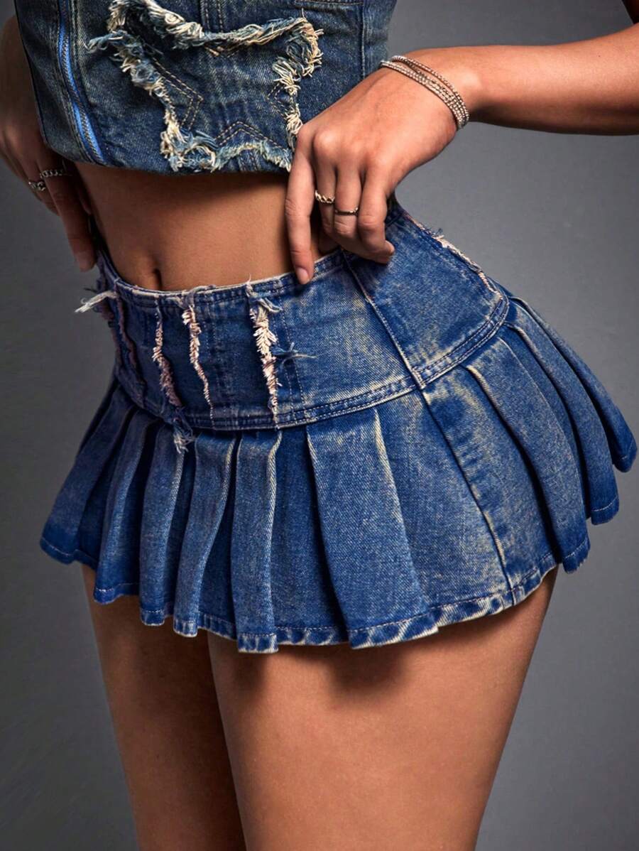 SHEIN ICON 女式街头风格仿旧褶皱下摆牛仔迷你裙 - 藍色 - 查看 1