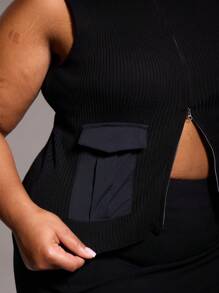 MUSERA 大码针织无袖高领毛衣背心，带口袋细节，适合街头风、休闲风、酷女孩风、Y2K风、2000年代风格、返校季等场合。 - 黑色 - 查看 5