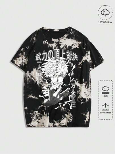 Anime T-shirt décontracté à manches courtes, col ras-du-cou, avec imprimé de personnage d'anime tie-dye pour homme, été