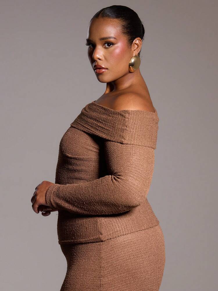 Plus Size Knit Textured Asymmetric Off The Shoulder Bardot Long Sleeve Top For Going Out, Sexy, Club, Party, Date Night, Holiday, Rave, Concert, Festival Spring Summer