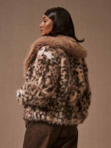 MUSERA Leopard Pattern Contrast Faux Fur Coat Winter Evening - Multicolor - View 3