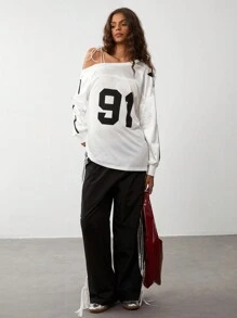 TRNVIE 1pc Women's Vintage Sporty Colorblock Raglan Shoulder Letter Print Oversized T-Shirt, Retro College Style For Autumn/Winter