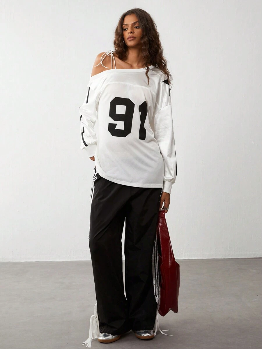 TRNVIE 1pc Women's Vintage Sporty Colorblock Raglan Shoulder Letter Print Oversized T-Shirt, Retro College Style For Autumn/Winter