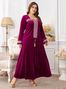 Al Najma Váy Maxi Abaya Tay Dài Tua Rua Sang Trọng Cỡ Lớn Màu Đỏ Nhung Burgundy Cho Nữ - Màu Đỏ Sâu - Xem 5