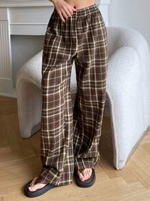 DAZY 女士宽松格子弹力腰阔腿睡裤，适合秋冬季穿着