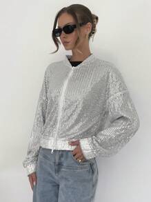 SHEIN Essnce Sequin Embellished Bomber Jacket, Shiny Party Jacket, Silver Color