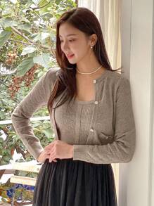 DAZY Set de 2 piezas Top de camiseta y Cárdigan de unicolor para mujer, ropa de otoño Suéter de mujer