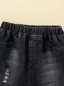 YOUNG BOY 街头大胆风格熊脸和口号刺绣细节半拉链连帽衫运动衫和全弹性腰部贴布细节破洞弹力牛仔裤两件套 - 彩色 - 查看 6