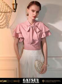 The Great Gatsby x MOTF Blouse à manches courtes superposées avec nœud devant